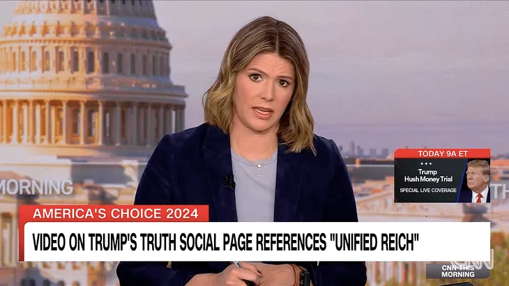 Chyron says: Video on Trump’s Truth Social page references ‘unified Reich’. Kasie Hunt tilts her head and looks skeptical.