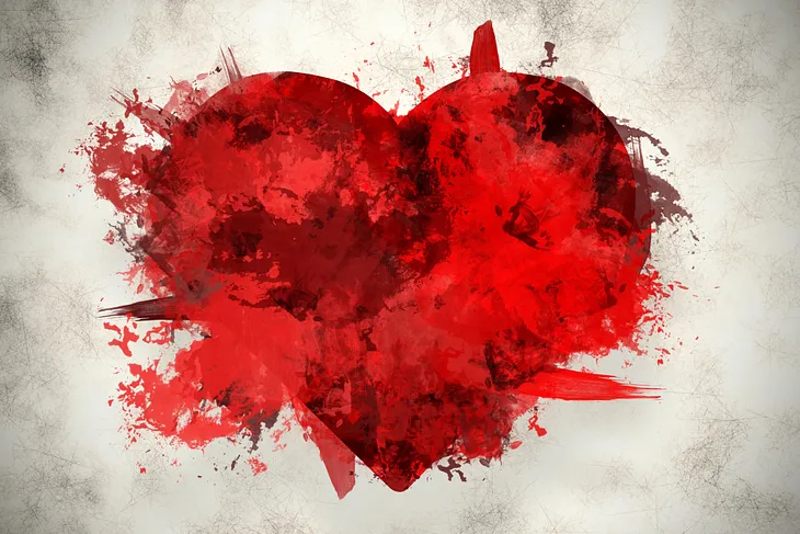 Artistic version of a heart coming apart, in hues of red, maroon, black, and gray
