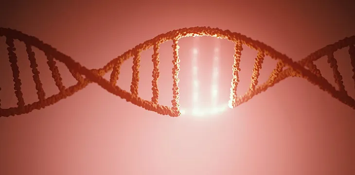 Illustration of a double helix of DNA, with a part broken