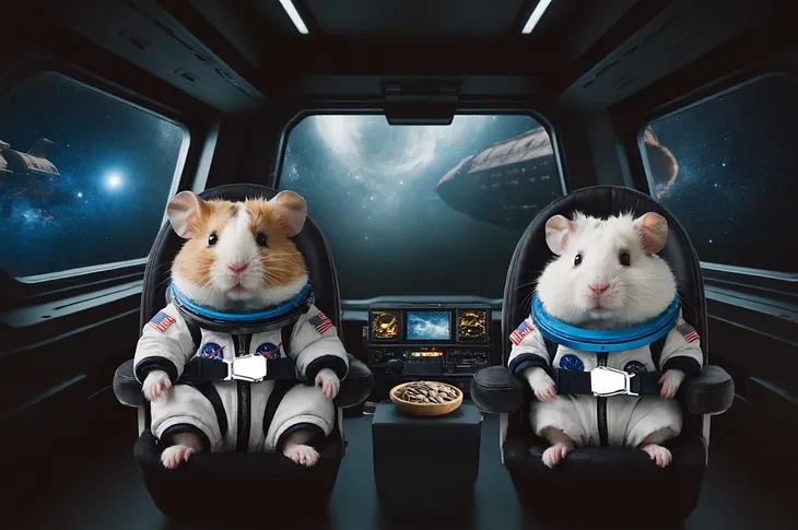 Two hamsters wearing spacesuits aboard a passenger space shuttle