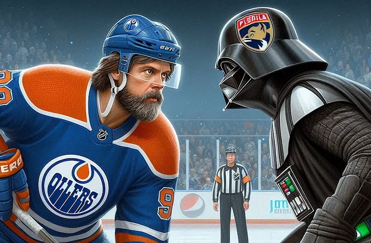 Luke Skywalker facing off against Darth Vader in a hockey game. Luke is wearing an Edmonton Oilers uniform and the number 97. Vader is wearing a Florida Panthers uniform.