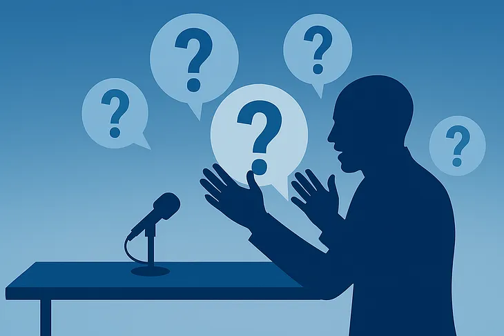 A digital illustration in blue hues showing a bald, silhouetted man sitting at a table with a microphone, gesturing with open hands. Multiple question marks float around him, symbolizing pointed or difficult questions. The style is minimalist, with high contrast and no facial details.