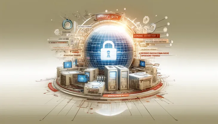 The digital artwork vividly illustrates DNS security operations, employing a light and modern aesthetic to showcase automated systems and protective measures. The visually engaging scene features prominently displayed security symbols such as digital shields and locks, emphasizing a proactive approach to cybersecurity.