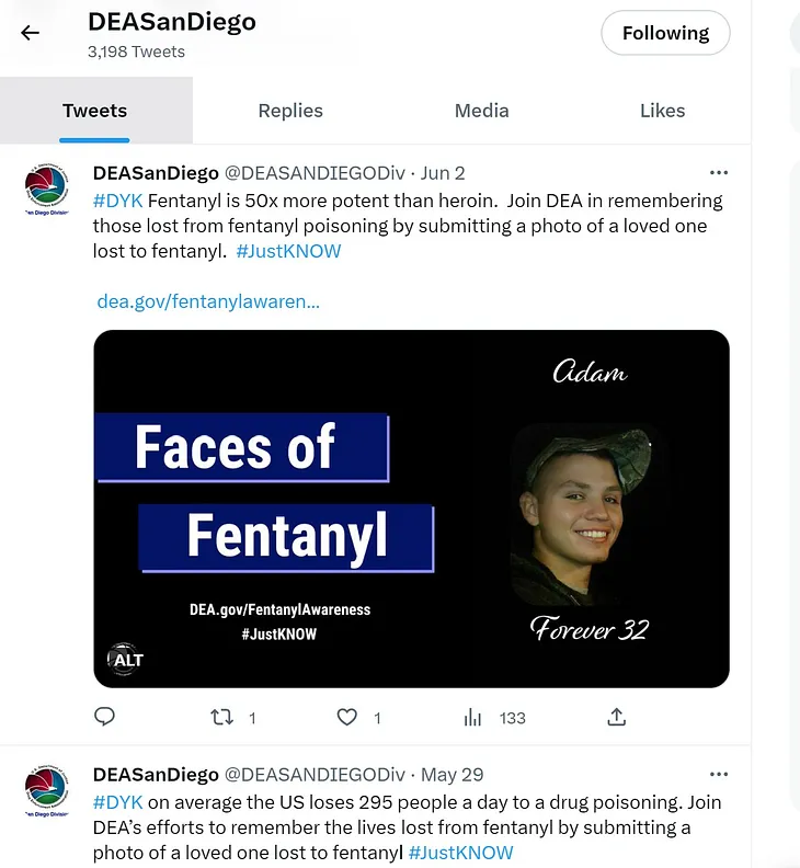 Screenshot from Twitter showing Faces of Fentanyl and face of victim