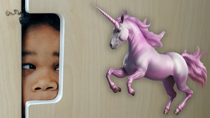 Child peeking out of a closet at a pink unicorn. Original image by Etut Subiyanto, Pexels. Unicorn created in Genmo and edited with Photoshop Beta.