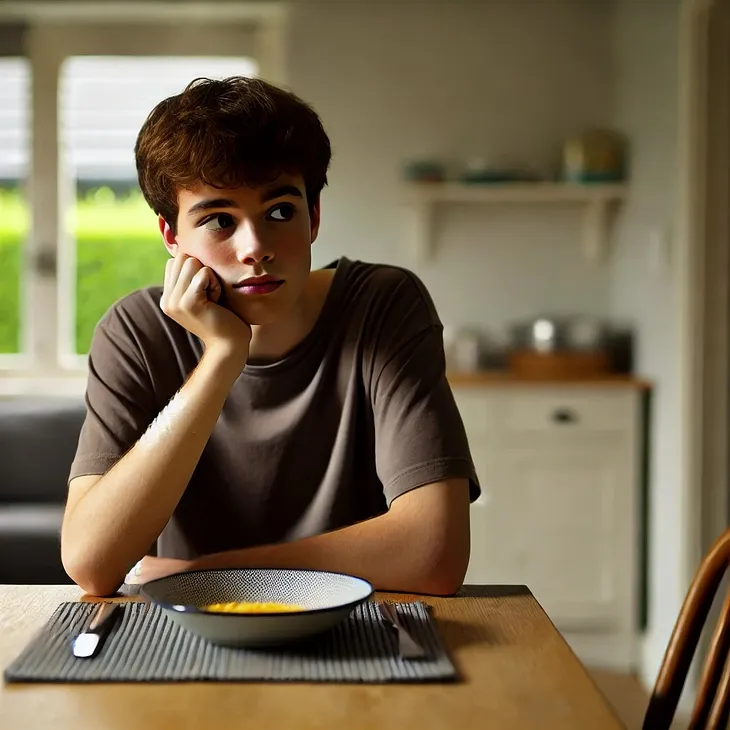 Teen boy uninterested in eating his meal.