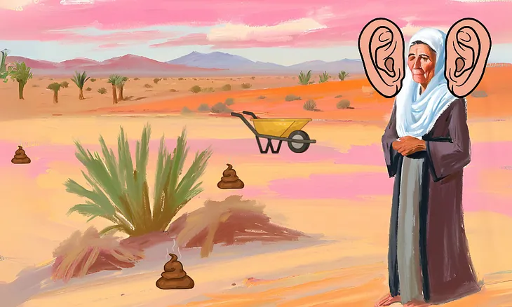 A Middle Eastern desert scene and an old lady standing in the foreground. For humour and relevance some ear graphics have been added to the lady, along with some dog deposits and a wheelbarrow.