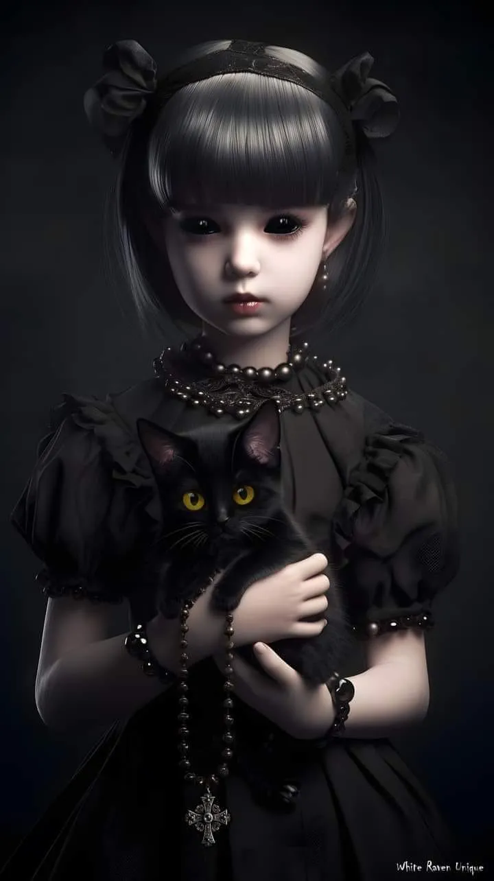 Little girl dressed all in black with necklaces and black cat.