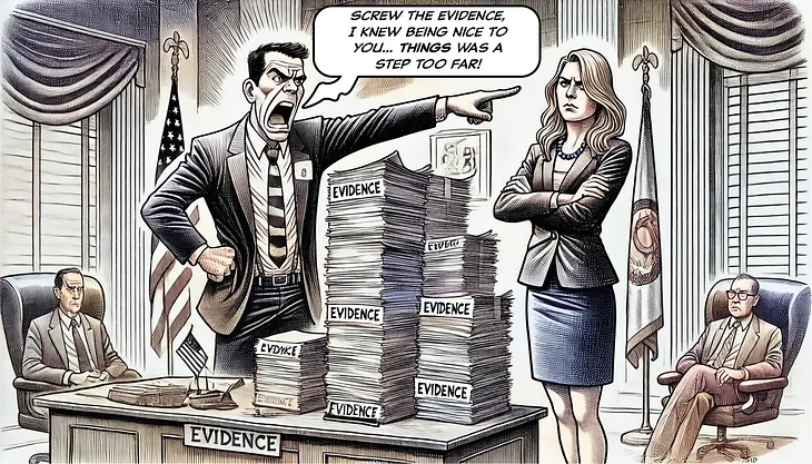 A political cartoon showing a politician, ignoring the stack of evidence on his desk, yelling at a transgender woman. He is saying “screw the evidence, I knew being nice to you things was a step too far!”