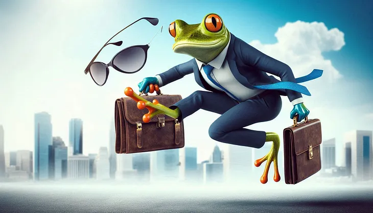 An image of a jumping from in business attire generated using Microsoft Copilot