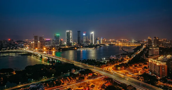 Fuzhou city skyline by night, Fujian, China.