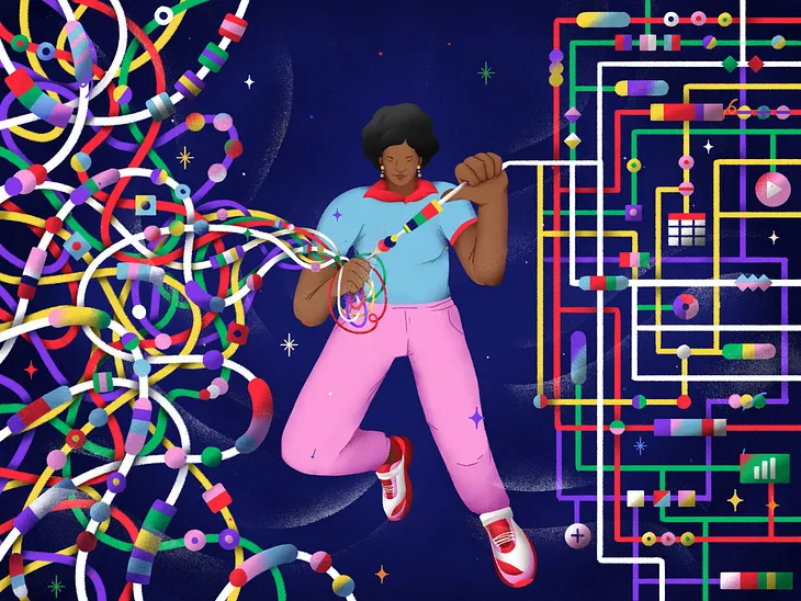 A digital illustration on a navy blue background with randomly placed stars. A Black woman wearing a light blue polo shirt, pink jeans, and red and white snearkers is holding a colorful, tangled string of shapes and lines that extend from both sides. On the left side, the strings are chaotic and intertwined with circles, squares, ovals, and rectangles. On the right side, the strings are organized into a complex circuit-like pattern with the shapes are accompanied by stylized charts and graphs.