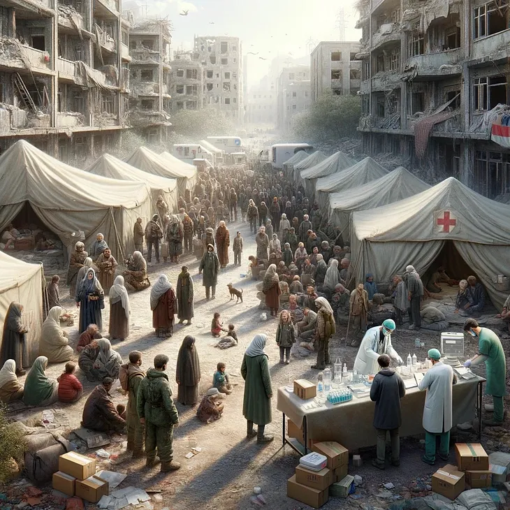 Photorealistic image of a field hospital in a war-torn city. Created by artificial intelligence.