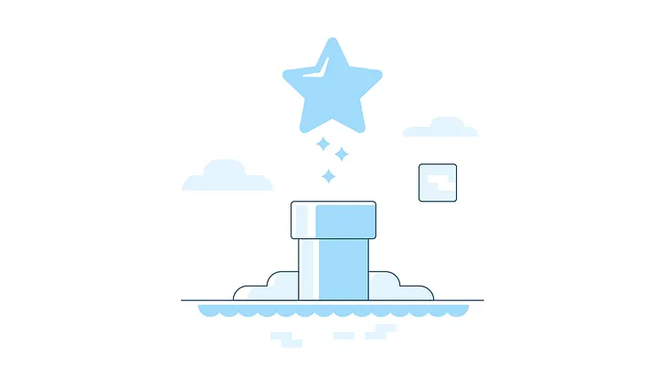 A stylized illustration resembling a video game scene with a light blue star rising out of a light blue pipe. There are clouds in the background and a small blue square block floating on the right side of the image. The star is emitting smaller star sparkles as it ascends.
