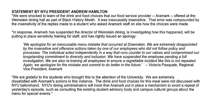 Pres. Hamilton Apologizes, Blames Food Service Provider for Insensitive ‘Black History’ Meal