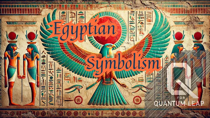 A vintage-style artwork inspired by ancient Egyptian murals, showcasing a majestic falcon with outspread wings at the center, adorned in rich turquoise, gold, and red tones. The background features intricate hieroglyphics, two Egyptian figures standing in profile on either side, and weathered textures with cracks for an aged fresco appearance. Bold orange text reading “Egyptian Symbolism” overlays the scene, accompanied by a subtle “Q for Quantum Leap” watermark in the corner.