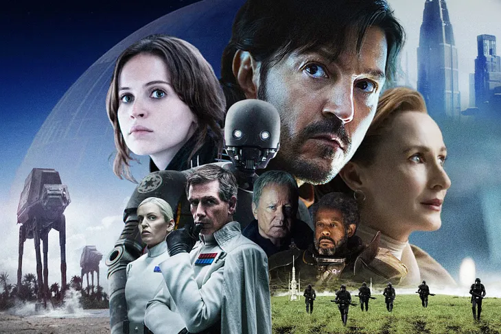 Photo illustration collage of various characters from the movie Rogue One and the Disney+ series, Andor.