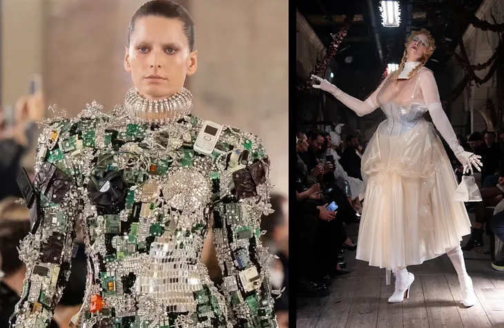On the left, a model in a Schiaparelli gown adorned with a mosaic of electronic components, showcasing a harmonious blend of fashion and technology. On the right, a Margiela-clad model exudes avant-garde elegance in a translucent, ivory tulle dress, complemented by stark white boots and gloves, capturing a futuristic yet romantic aesthetic.