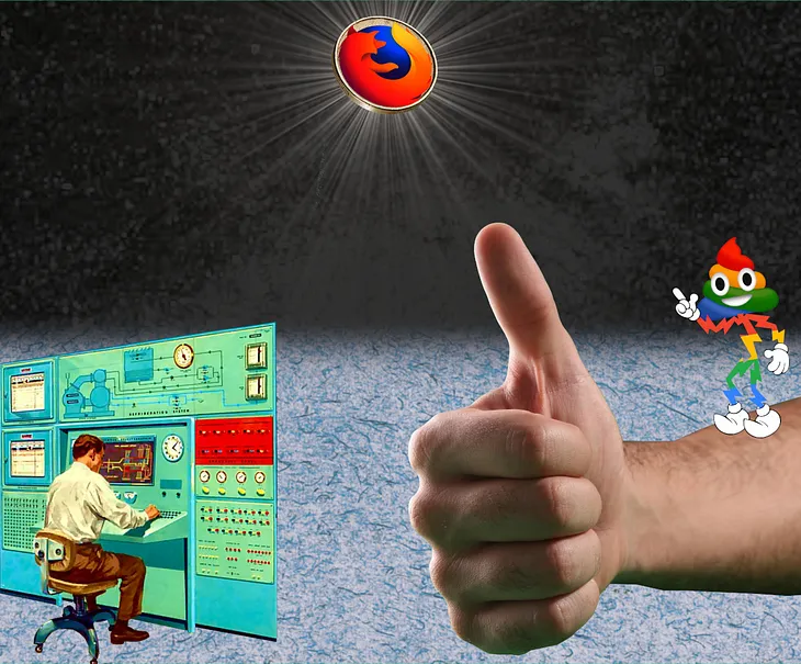 A giant hand with thumb extended after a coin-toss. A coin hovers over it, radiating lines of light, showing the Firefox logo. Standing on the hand’s wrist is a cartoon mascot figure in the four colors of the Google logo, with a poop emoji head. To the left, a suited figure works at a large control panel. The scene is set against an existential background, with a receding abstract pattern forming the ‘floor’ and a starry sky behind it. Image: ICMA Photos (modified) https://www.flickr.com/phot