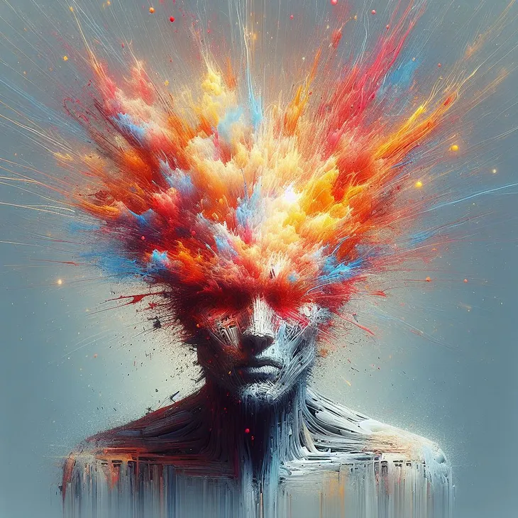 abstract concept of a man’s head exploding into colorful smoke