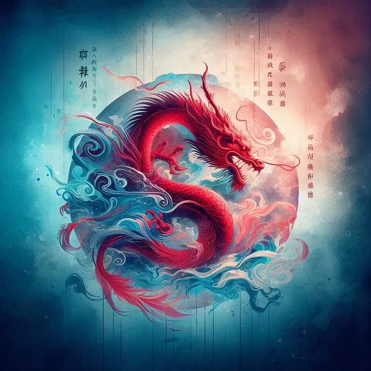 A vibrant dragon swirling amidst blue and red mists, intertwined with intricate patterns, set against a backdrop of Chinese calligraphy, evoking themes of Chinese rejuvenation and cultural exploration.