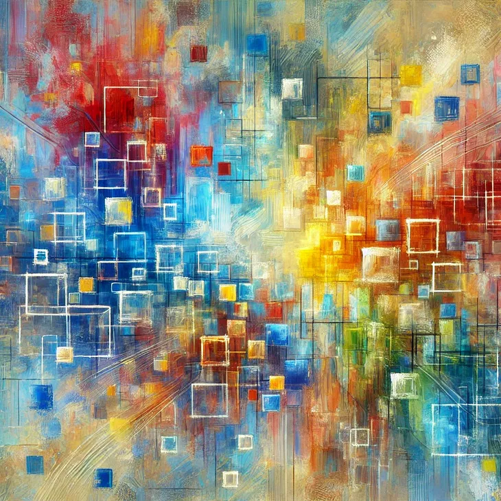 Artwork inspired by the Impressionist style, featuring interconnected rectangular and square elements with visible brushstrokes, soft edges, and a vibrant play of light and color to evoke a sense of movement and harmony.