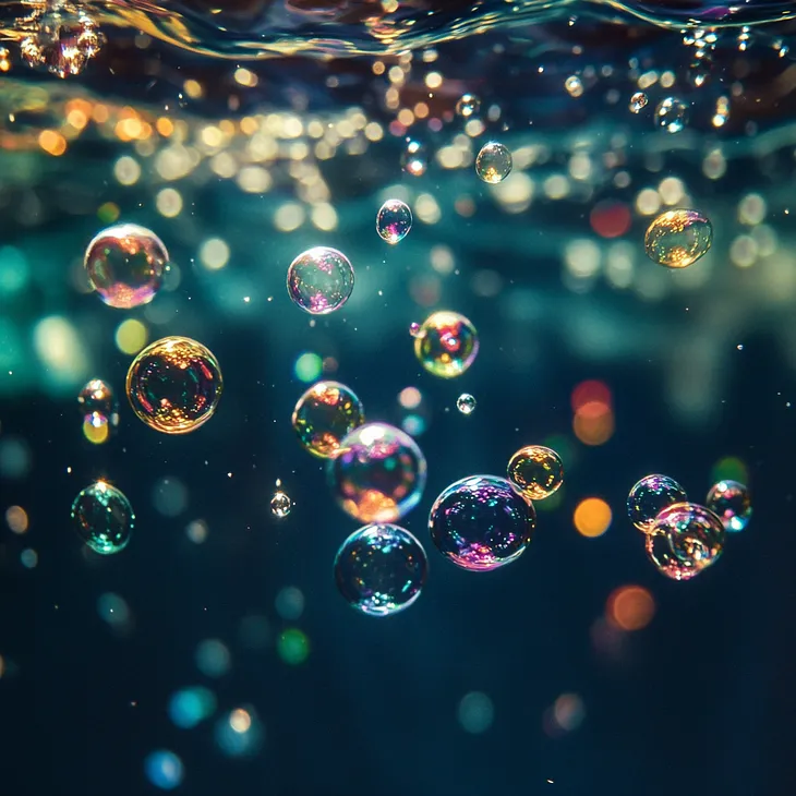 Colorful bubbles dancing in water.