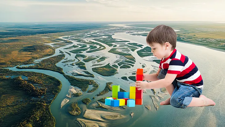 A young child sits against a backdrop of a sprawling river delta, building a colorful tower of blocks. The image symbolizes creativity and imagination as tools for designing solutions to complex environmental challenges like delta management and climate adaptation