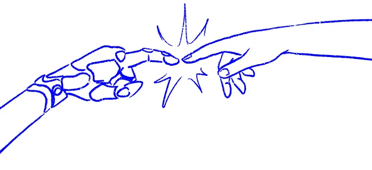 A sketch in blue ink of a robotic finger touching a human finger