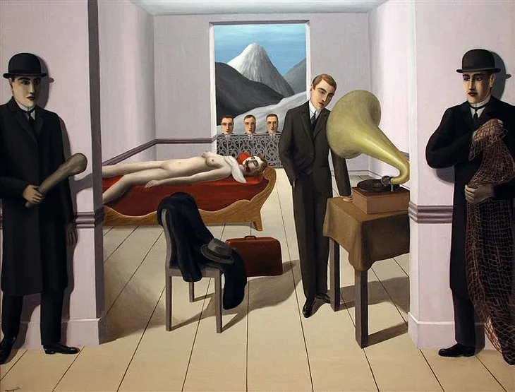 painting showing a room with a nude woman on a couch with blood dripping from her mouth, a man to her side in a suit near a gramophone, two men in black wearing bowler hats in the hallway, a window with a mountain in the background and three men looking through the window