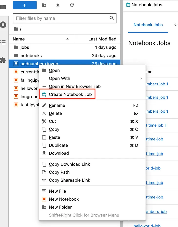 Screen shot of the file browser showing the context menu for a notebook
