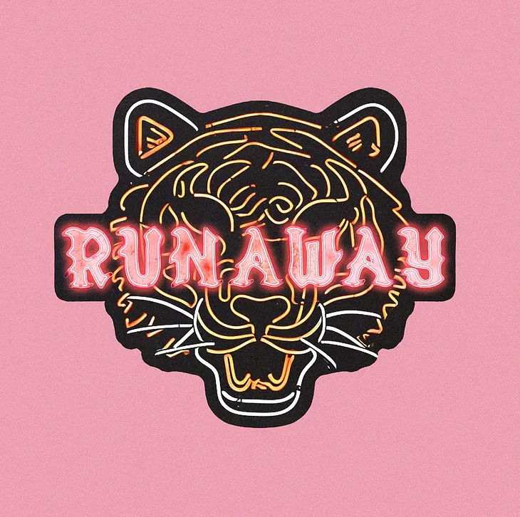 “Runaway” by OneRepublic cover art. Pink background with a stylized tiger head in black and yellow with the lettering “runaway” over it in pink.