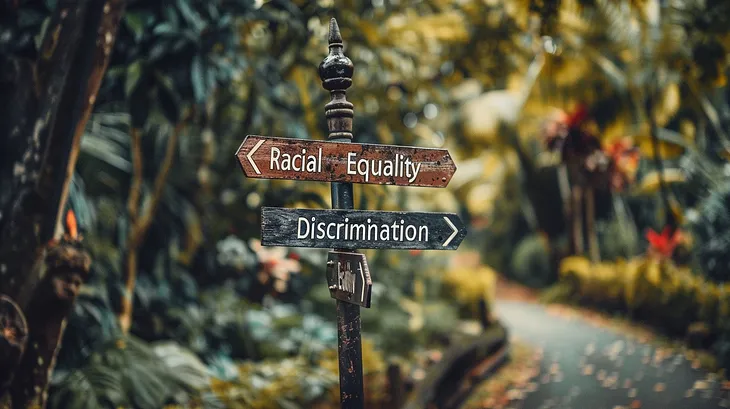 A signpost with arrows pointing to ‘Racial Equality’ and ‘Discrimination’ set against a lush, green tropical background.