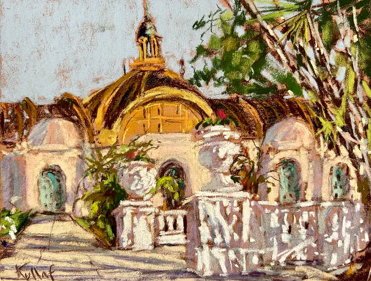 The botanical building in Balboa park, a sketch done on location by Anne Kullaf ©2025