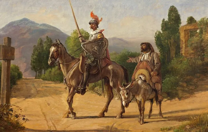 Don Quixote on a horse and Sancho Panza on a donkey
