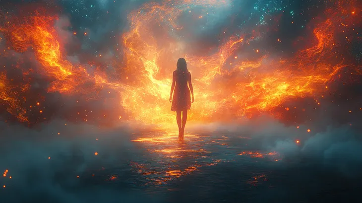 Woman walking through burning fire sky