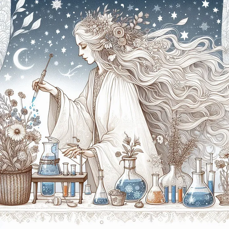 Illustration of an older woman with long, flowing hair, performing an experiment under the moon and stars