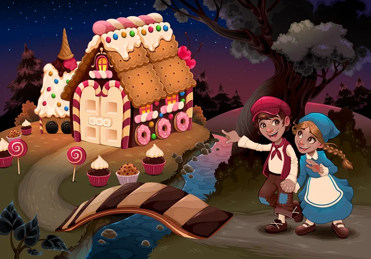 Hansel and Gretel near the candy house.