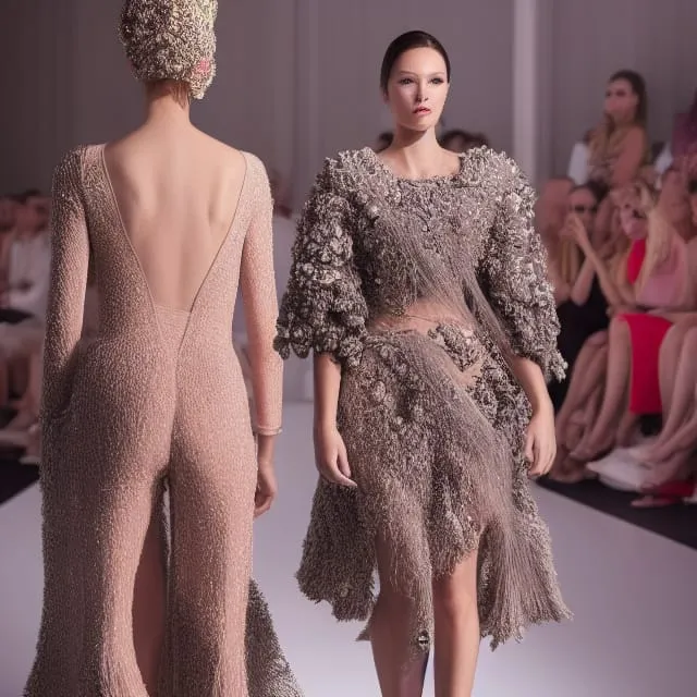 Two computer generated composites of models on a runway wearing grey and flesh-colored swishy outfits. One is a buttcrack-hugging v-back asymmetrical catsuit of slightly glittery, horribly bumpy, tissue-thin fabric. The other is a foamy spray of clumpy, chunky lace or lint of something, including bell sleeves, a full skirt and random fade-to-see-through sections.