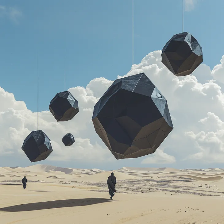A surreal and futuristic image of strange shaped balls hanging in the sky over a desert. There are two figures in arab robes walking beneath them