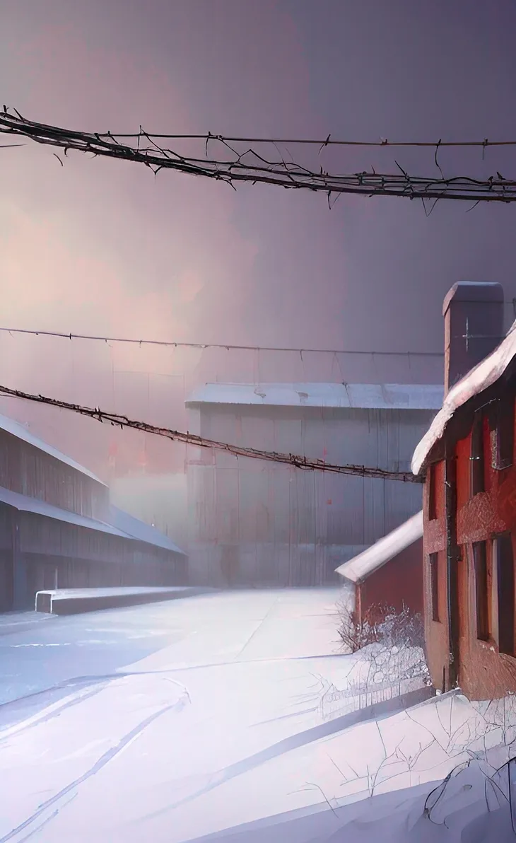 Factory buildings in winter with barbed wire