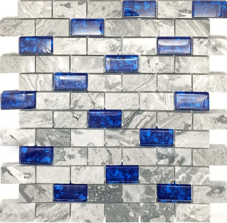 Glass Stone Mosaic Wall Tiles Navy Blue and Gray 1x2 Subway Tile