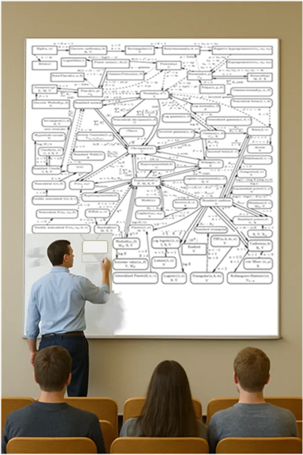 Author’s imagined scene with his Statistics Professor drawing the interrelationships of probability distributions — image created by DALL-E 3 adapted by the author.
