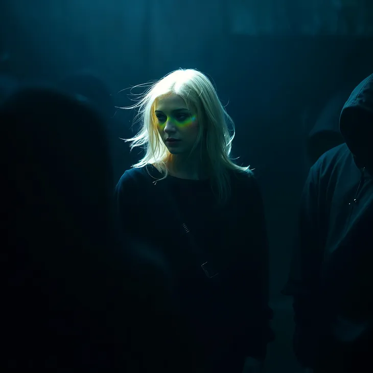 The image shows a digitally created woman with pale blonde hair standing in a dark, shadowy environment. She is illuminated by a soft light, making her stand out as a unique entity among the crowd. The figures around her are wearing dark hooded clothing, blending into the shadows, which enhances the sense that she is distinct and special. This scene symbolizes the idea that every one of us is unique and special in the vast universe.