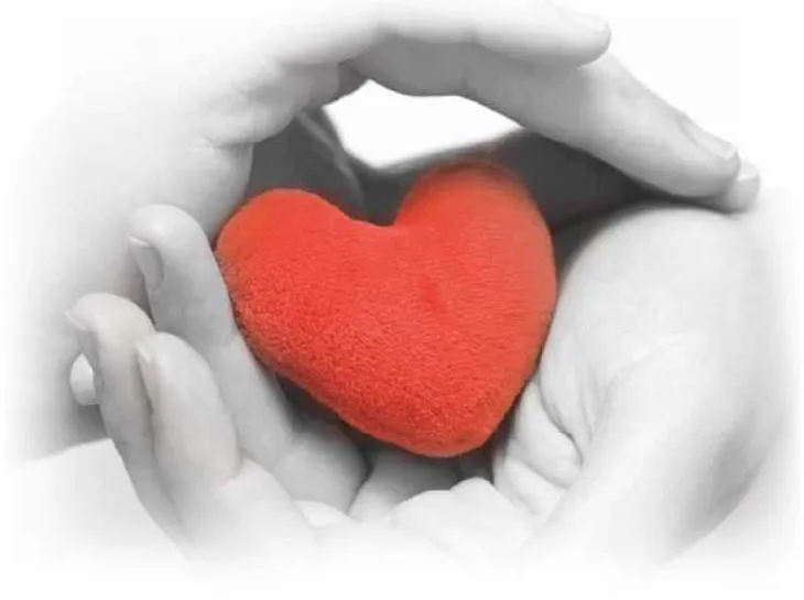 Two hands tenderly holding a red heart