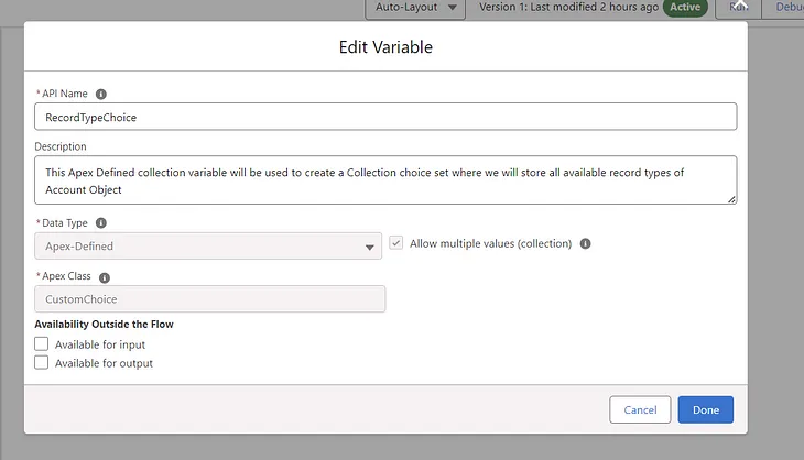 This is a screenshot of Apex-Defined Collection Variable created inside of flow canvas. I used one of my free developer salesforce org to create it.