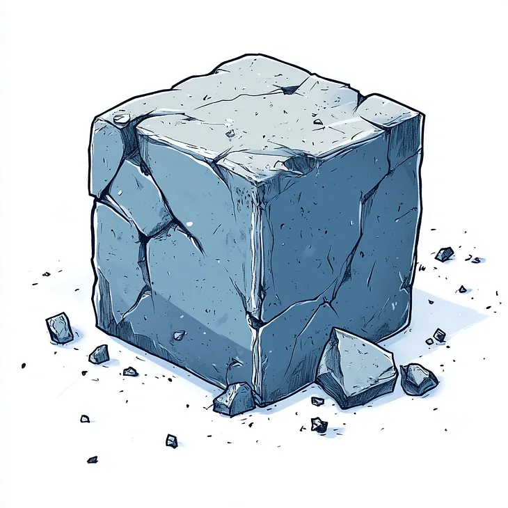 A cartoon illustration of a blue-grey cube crumbling away.