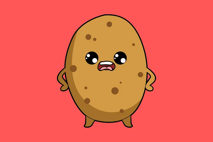 Cartoon drawing of a frowning Russet potato with his hands on his hips who is fed us with the potato insults and disrespect.