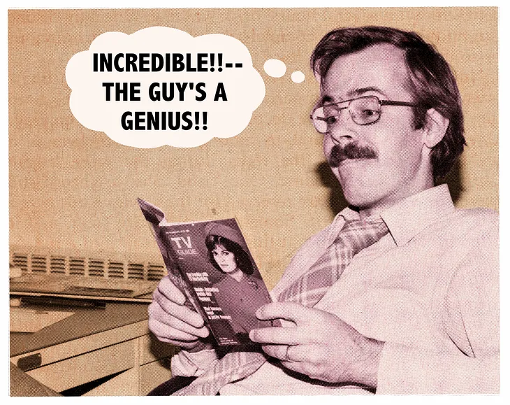 Photo of illustrator Mark Armstrong at his desk reading TV Guide circa 1980 when he worked at Peerless Insurance Company in Keene, NH. Photo appeared in the company magazine accompanying a story about how Mark had recently sold several gag cartoons to TV Guide and Woman’s World Magazine.