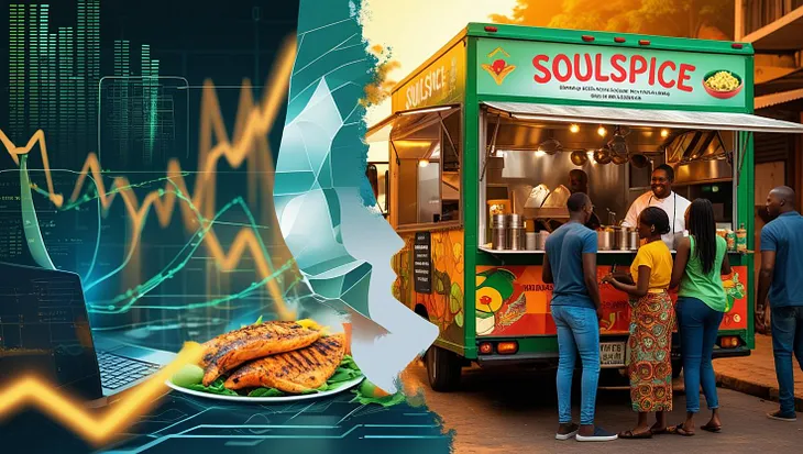 A vibrant image depicting Accra, Ghana, split between a modern, financial tech scene and a lively “SoulSpice” food truck. The two sides subtly blend, symbolizing the harmonious intersection of structure and spontaneity.